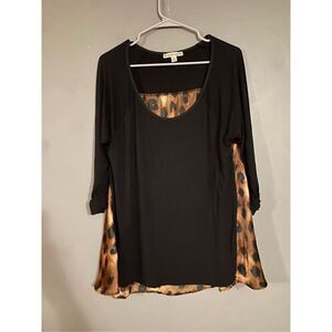 Simply Suzie Black Leopard Satin Feel 3/4 Sleeve Top Size Large